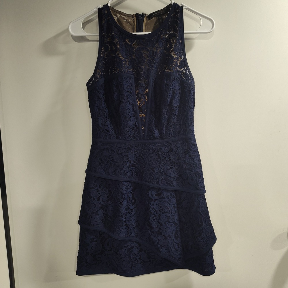 BCBGMAXAZRIA Navy Blue Floral Lace Tiered Ruffle Cocktail Mini Dress Size 2